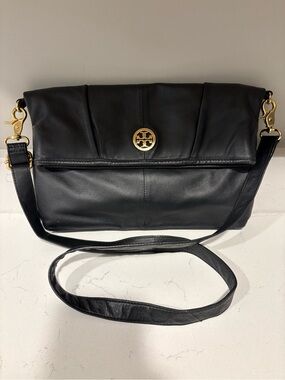 Black Leather Tory Burch Shoulder Bag with Gold Logo Accent
